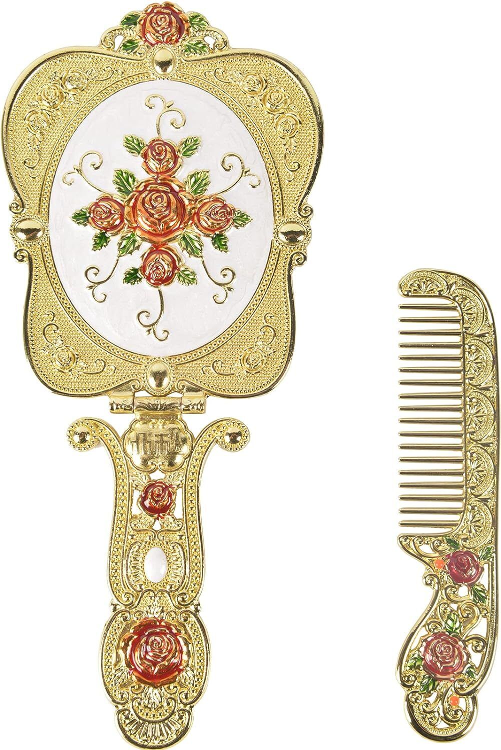 Antique Mirror Comb Set Vintage Metal Handheld Makeup CombRussianStyleEmbossed