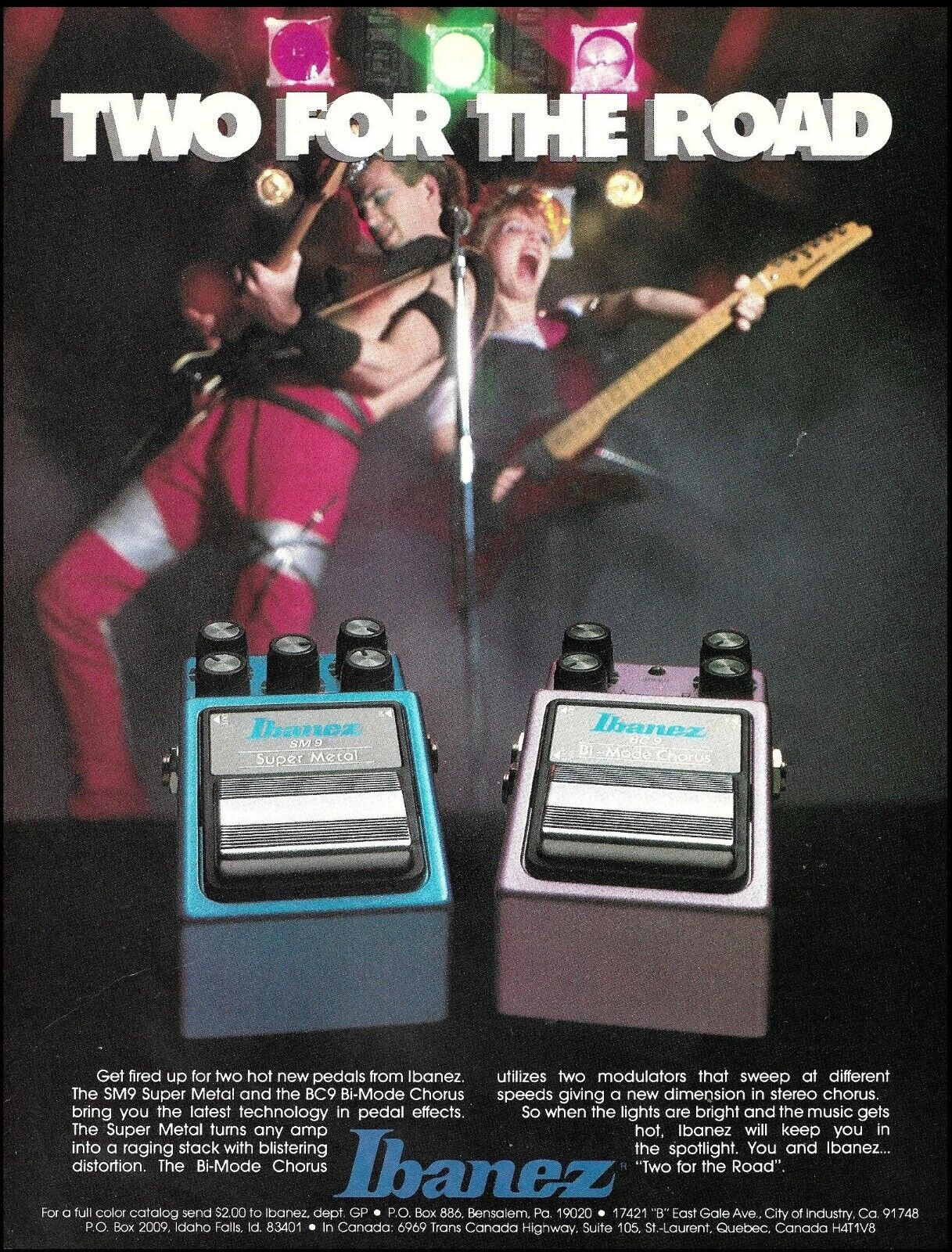 1985 Ibanez SM9 Super Metal & BC9 Bi-Mode Chorus guitar effects pedal ad print
