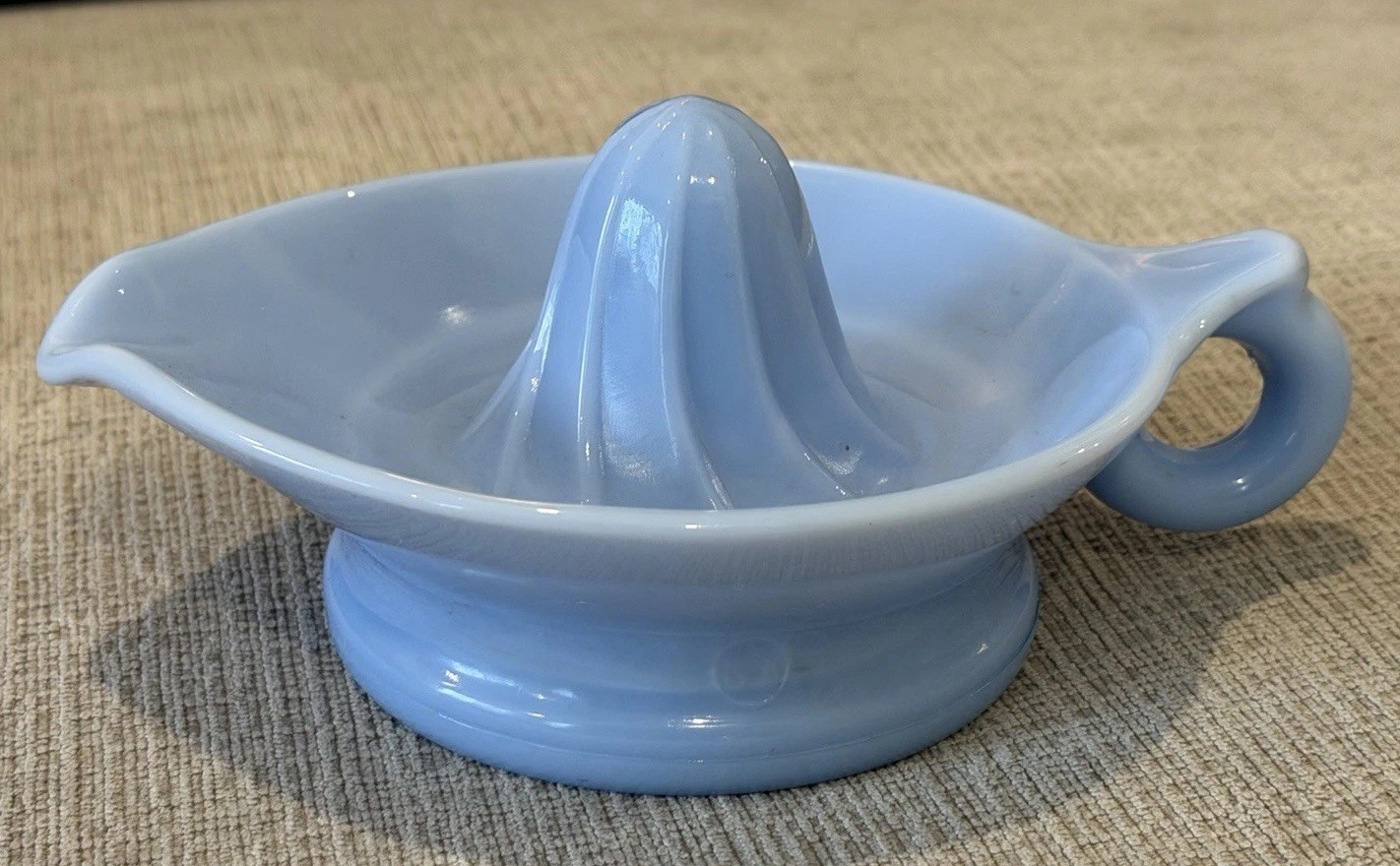 McKee Delphite Poudre Blue Milk Glass Loop Handle Lemon Juicer Reamer 1930s