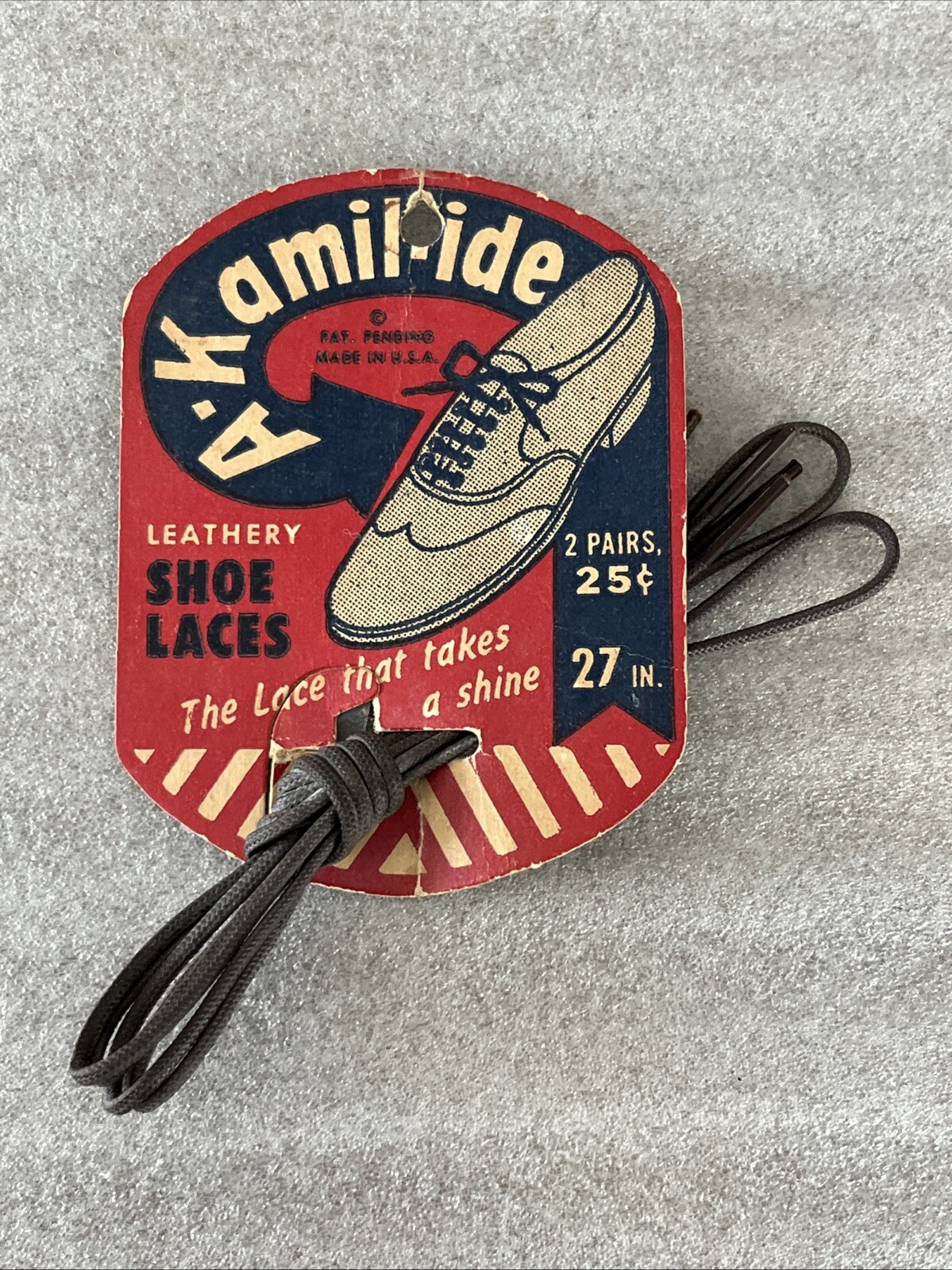 VTG Original 1940s A-Kamil-ide Shoe Lace Display Card 1 Pair Brown Laces NOS VTG Original 1940s A-Kamil-ide Shoe Lace Display Card 1 Pair Brown Laces NOS