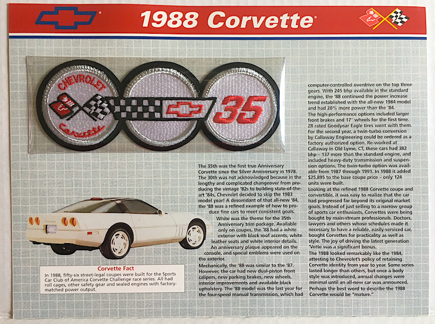 1988 CORVETTE Willabee & Ward OFFICIAL PATCH COLLECTION CARD ~ 35th Anniversary 1988 CORVETTE Willabee & Ward OFFICIAL PATCH COLLECTION CARD ~ 35th Anniversary