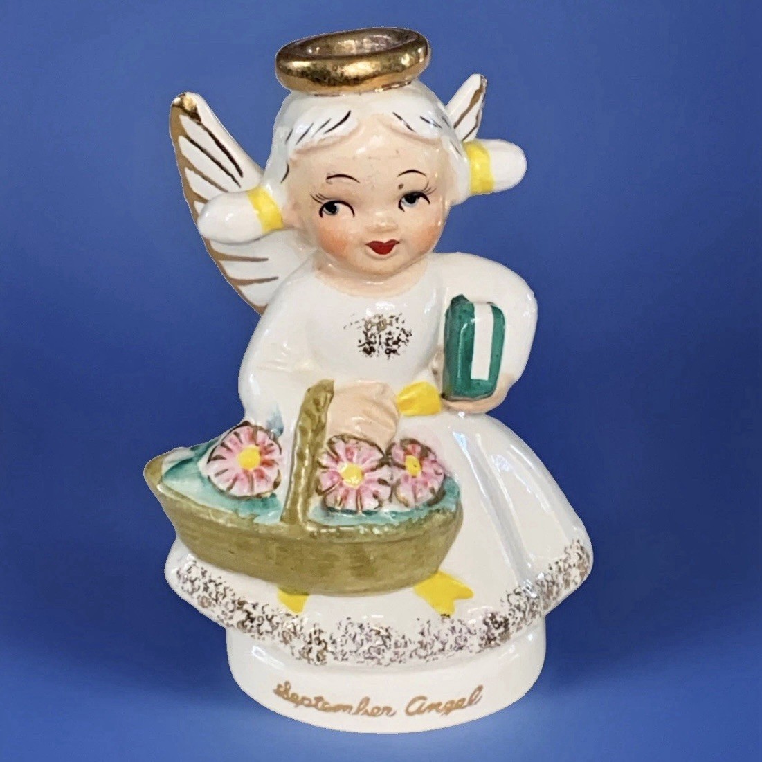 Vintage 1950s September Angel Figurine Flowers School Book Japan W/sticker 4.5” Vintage 1950s September Angel Figurine Flowers School Book Japan W/sticker 4.5”