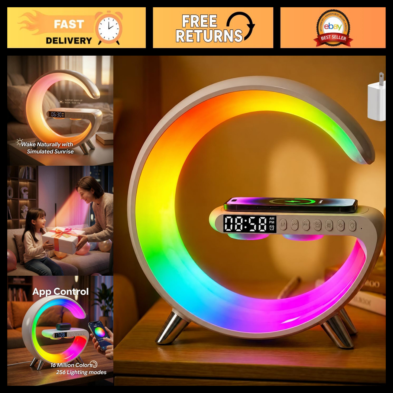 Smart LED Table Lamp,4-in-1 Wireless Charger with Speaker,Night Light, Alarm Clo