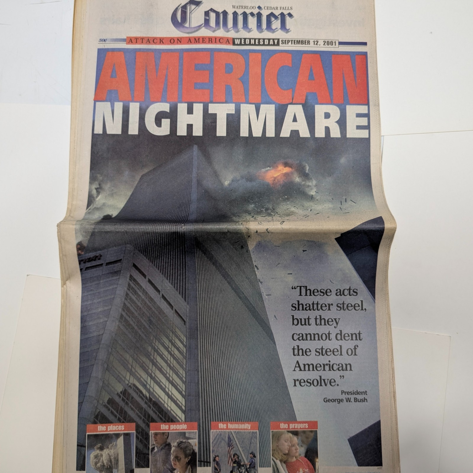 Sep 12 2001 Waterloo, IA Courier Newspaper 9/11 World Trade Center WTC Iowa Bush Sep 12 2001 Waterloo, IA Courier Newspaper 9/11 World Trade Center WTC Iowa Bush