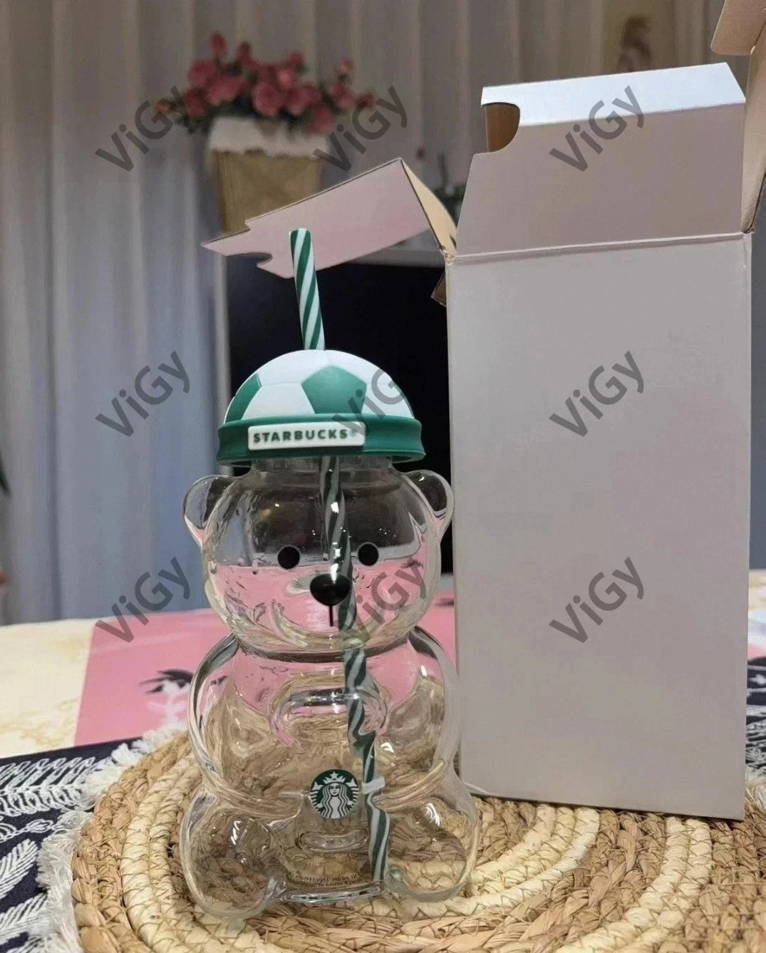 Starbucks FIFA World Cup Bearista Glass Tumbler Cold Cup Soccer Ball Lid