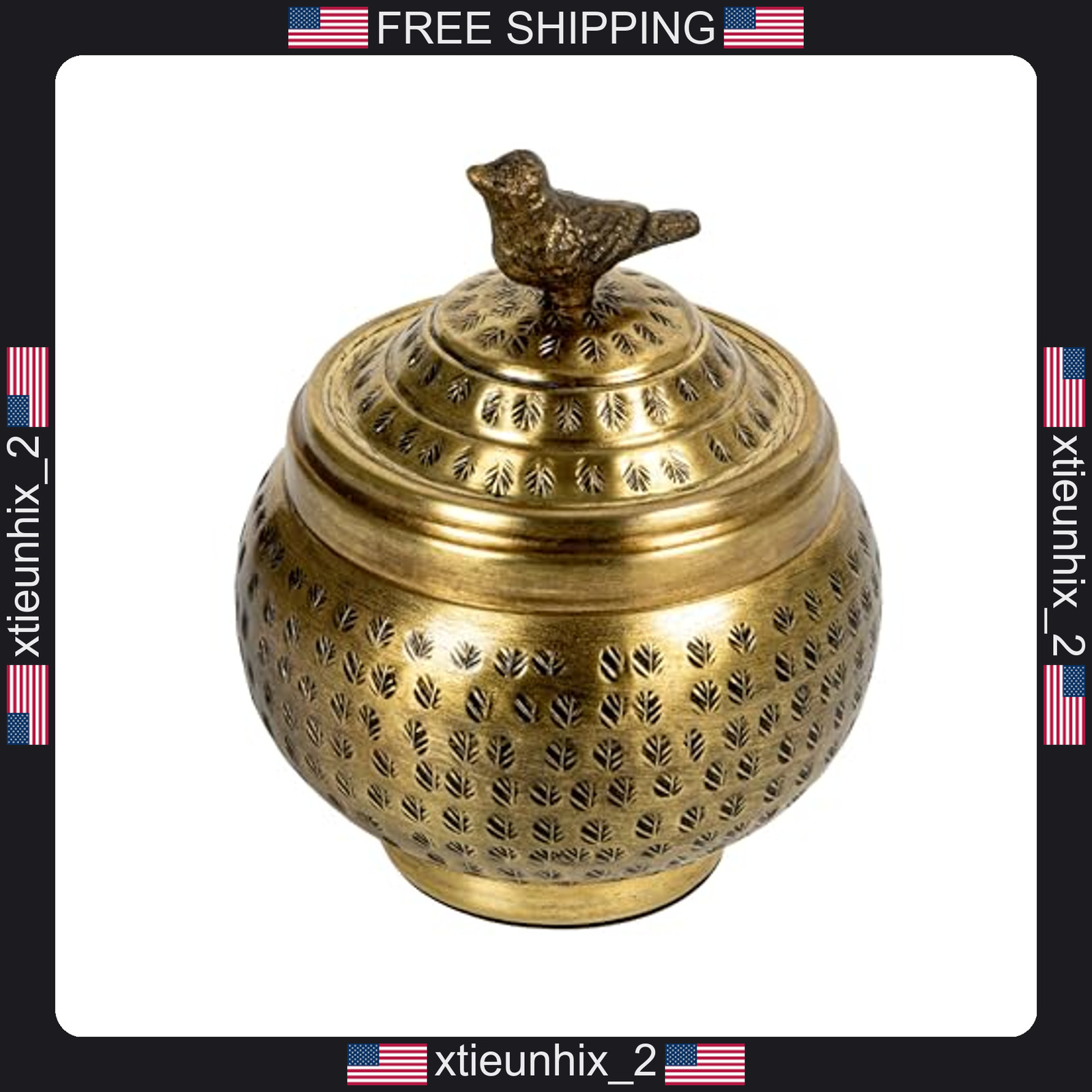 Brass-Hammered Metal Bird Container with Lid and Finial, 6 Inch Diameter Brass-Hammered Metal Bird Container with Lid and Finial, 6 Inch Diameter