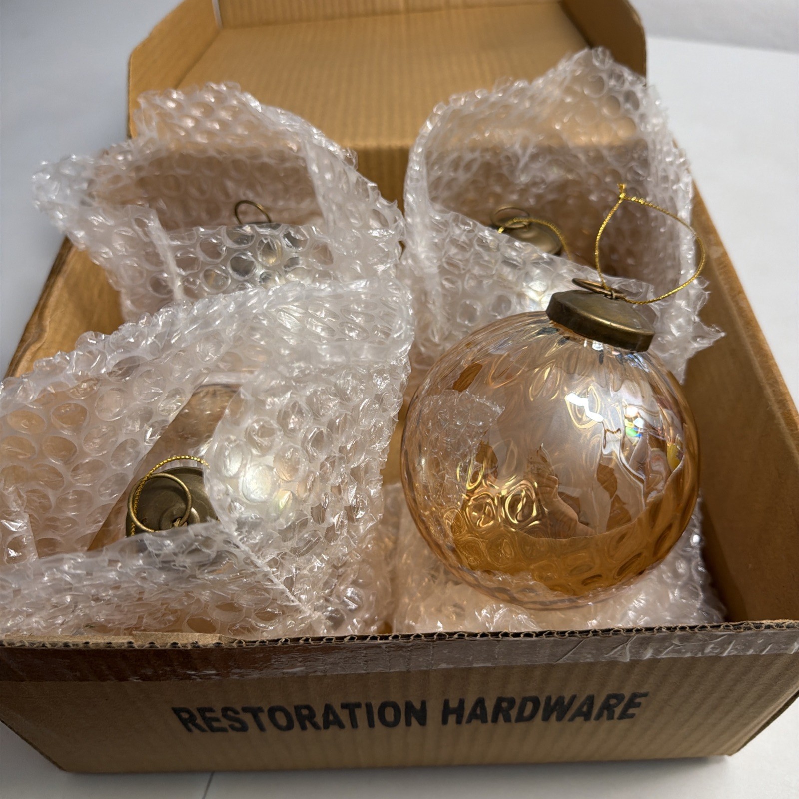 x4 RH Restoration Hardware 4” Optic Gold Ripple Ball Glass Christmas Ornaments x4 RH Restoration Hardware 4” Optic Gold Ripple Ball Glass Christmas Ornaments