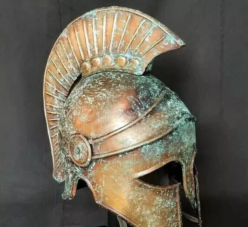 Medieval Greek Corinthian Helmet With Metal Plume & Wooden Stand C1 Medieval Greek Corinthian Helmet With Metal Plume & Wooden Stand C1