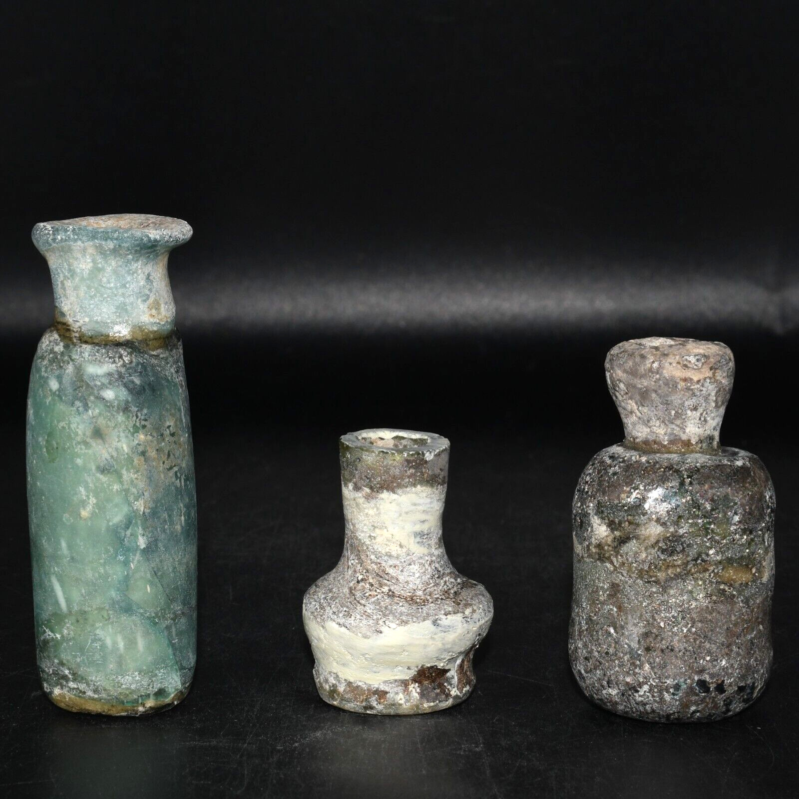 3 Genuine Ancient Roman Glass Bottles with Rainbow Patina Ca. 1st - 3rd Century