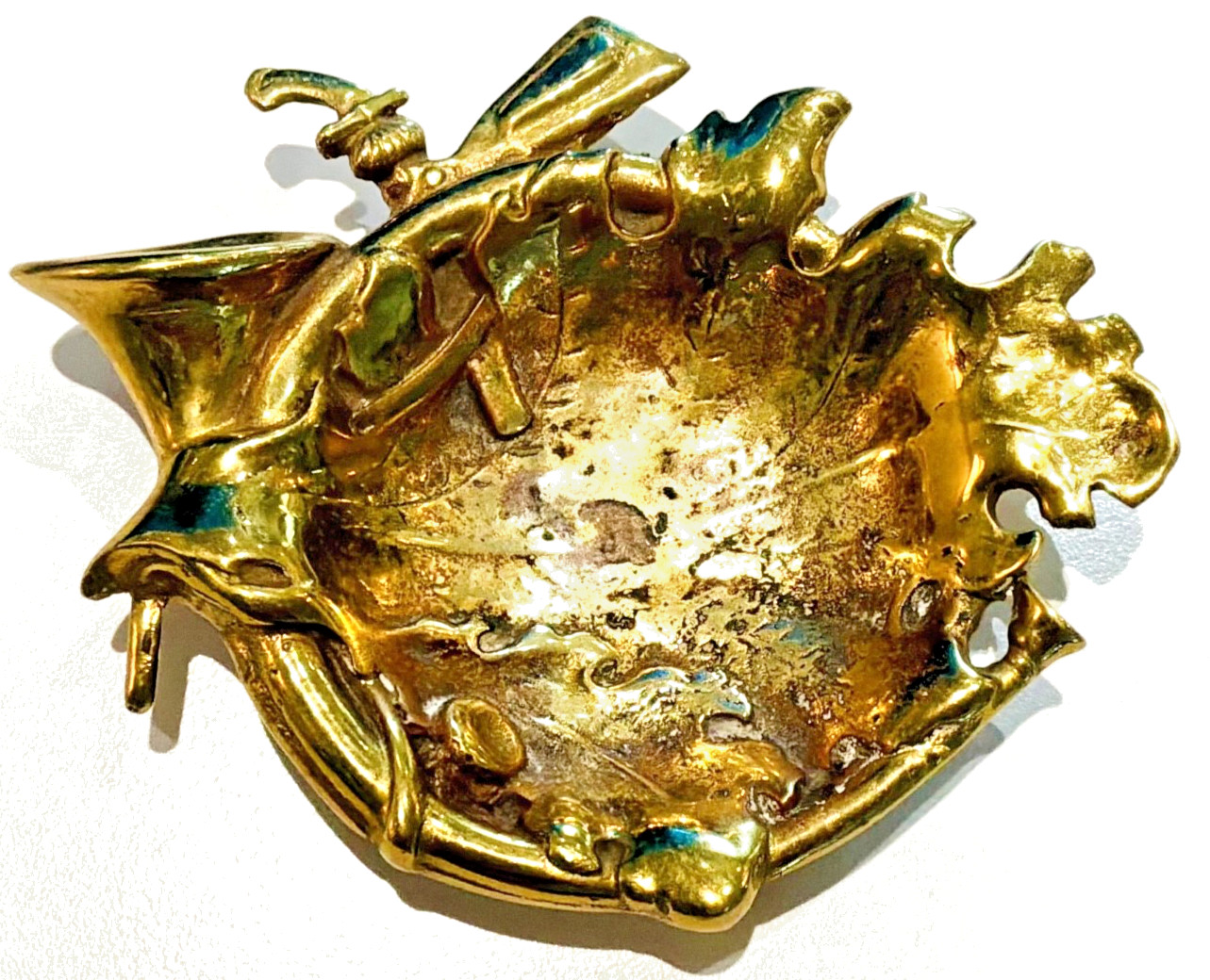 Vintage Solid Brass English Hunt Oak Leaf Horn Footed Tray Dish Bowl Catchall