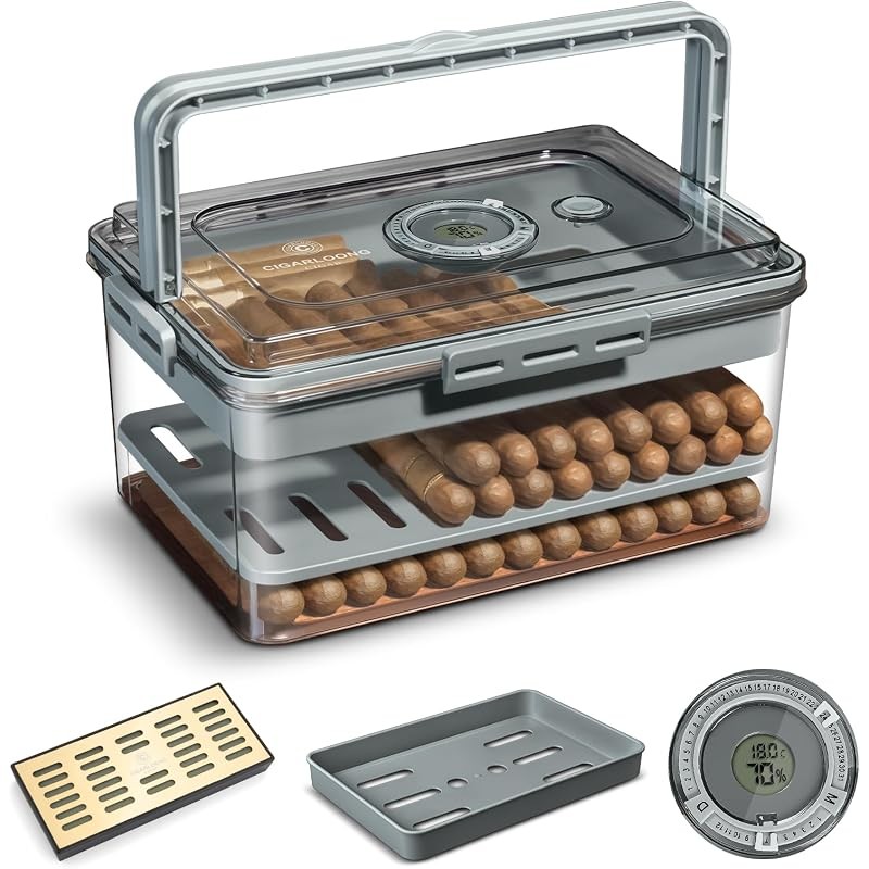 Acrylic Cigar Humidor with Spanish Cedar Chips, Portable Humidor Box with Humid