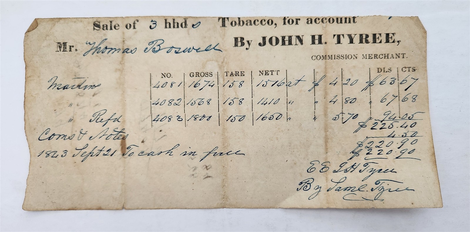 1823 antique JOHN H TYREE lynchburg va TOBACCO COMMISSION RECEIPT THOMAS BOSWELL 1823 antique JOHN H TYREE lynchburg va TOBACCO COMMISSION RECEIPT THOMAS BOSWELL