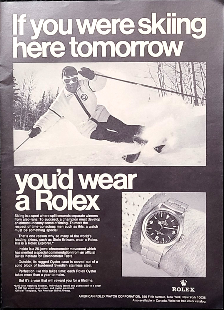 Rolex Explorer Original 1969 Vintage Print Ad Skiing Wall Art Rolex Explorer Original 1969 Vintage Print Ad Skiing Wall Art