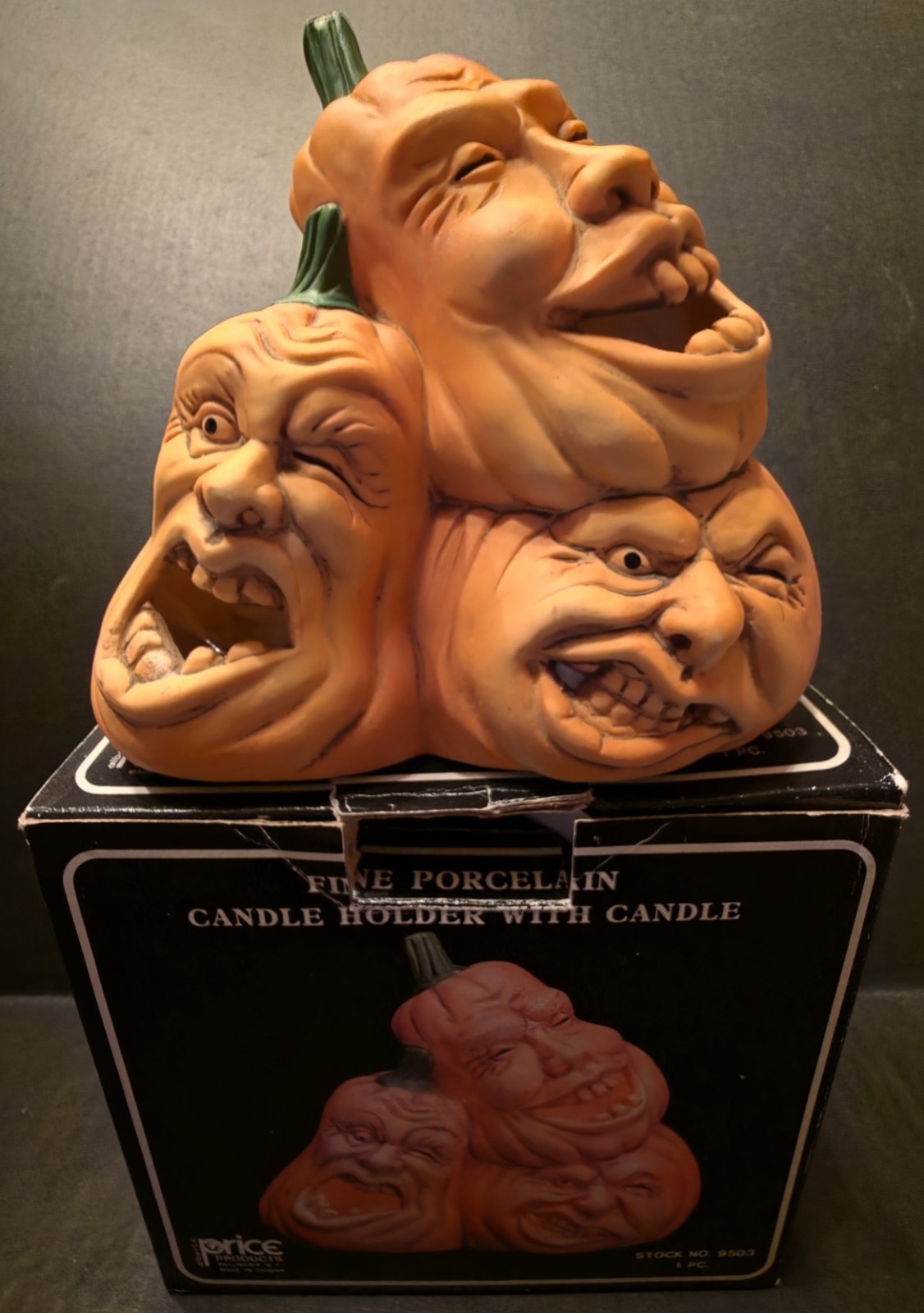 VTG Halloween Creepy Pumpkins Fine Porcelain Candle Holder with Box Gross Weird