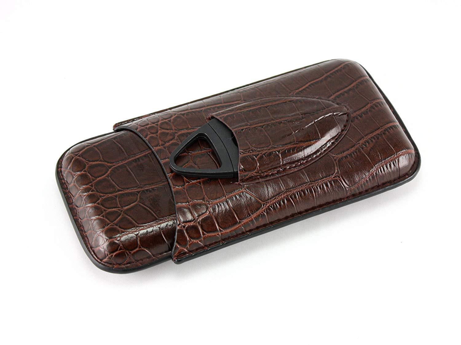 Dark Brown Crocodile Leather Travel 3 Cigar Case Holder with Cigar Cutter 