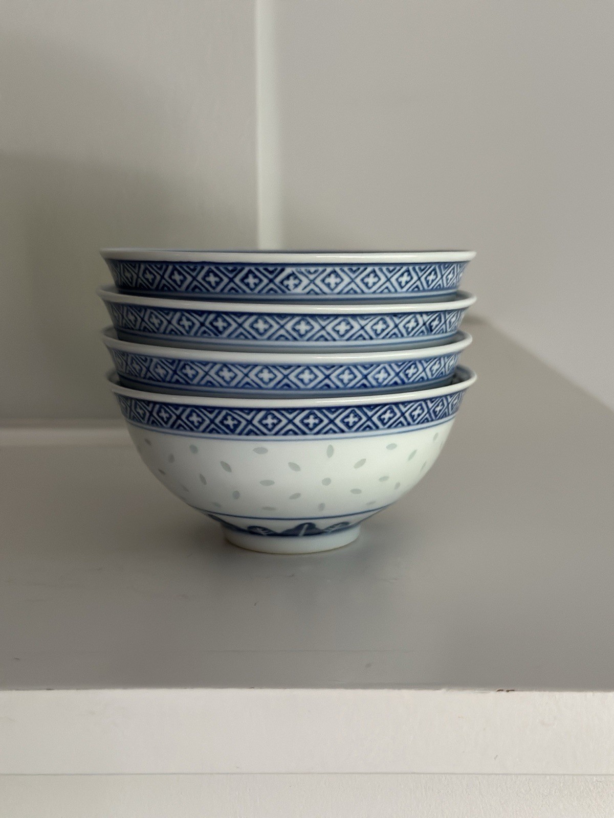 VTG Set of 4 JINGDEZHEN Blue & White Rice Bowls Eye Design - China VTG Set of 4 JINGDEZHEN Blue & White Rice Bowls Eye Design - China