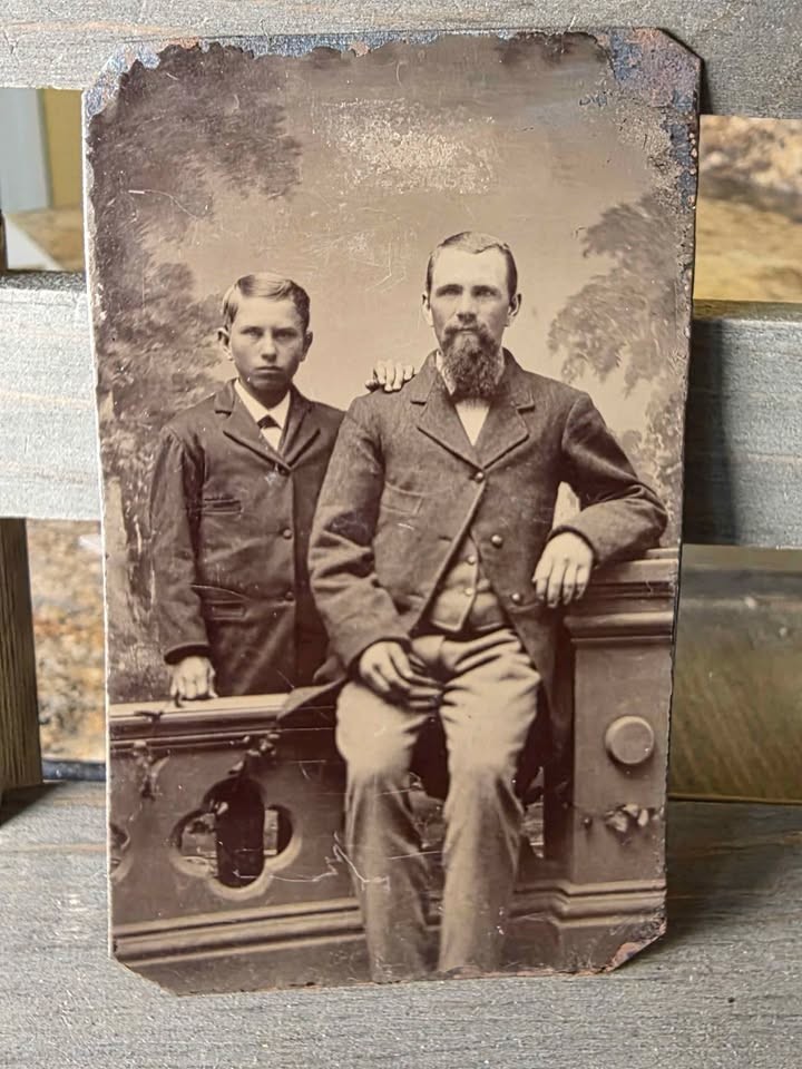 Antique 1800s Tintype Bearded Man & Boy Victorian Father Son Portrait Photo Antique 1800s Tintype Bearded Man & Boy Victorian Father Son Portrait Photo