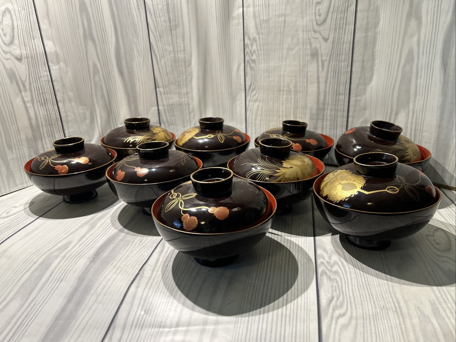 Vintage Japanese Lacquerware Bowls, Lids, Set of 9; Japanese Art Vintage Japanese Lacquerware Bowls, Lids, Set of 9; Japanese Art
