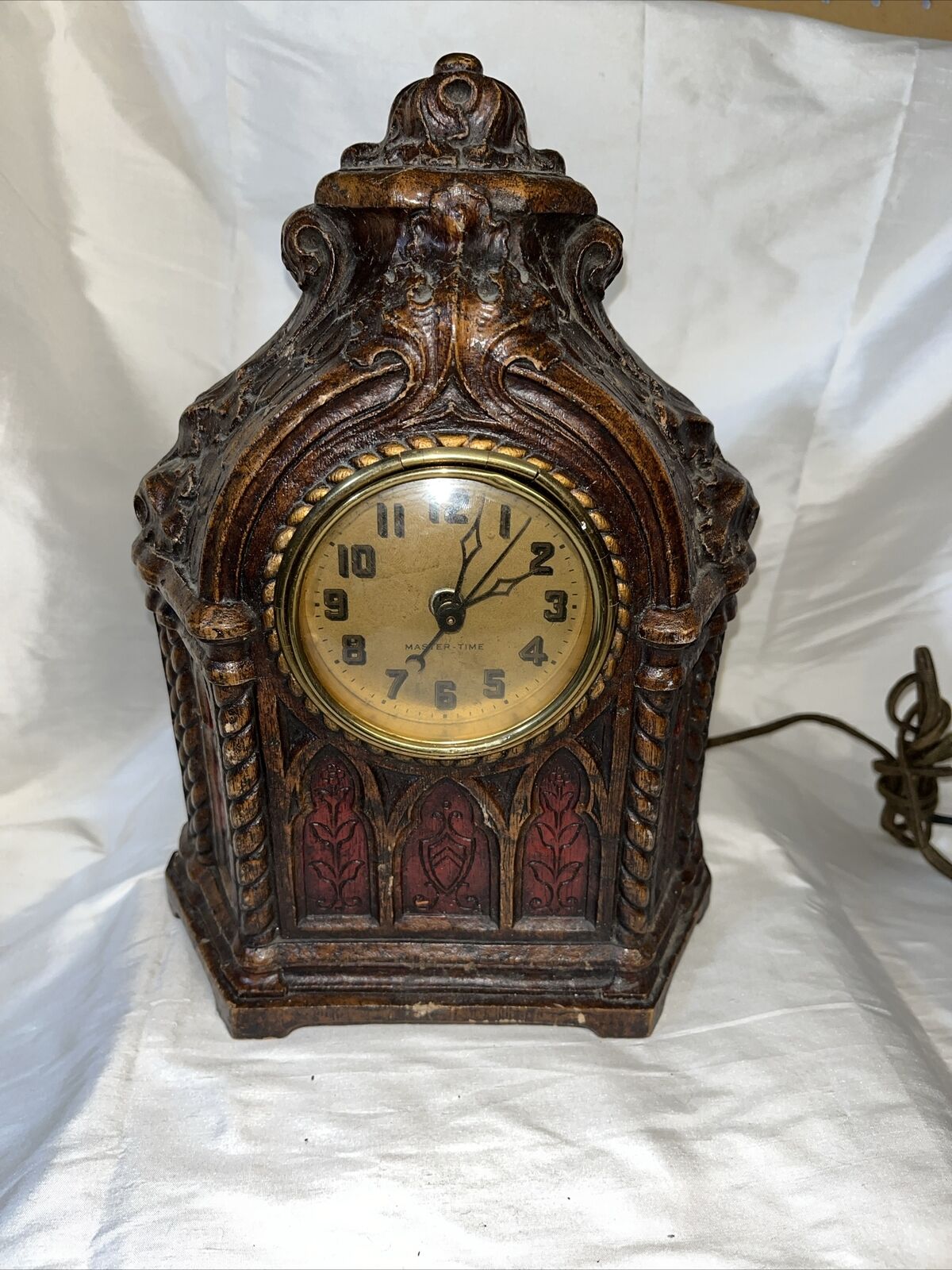 1920s Carved Mantle Clock Electric by Master Time Clock Mfg. Co., needs repair