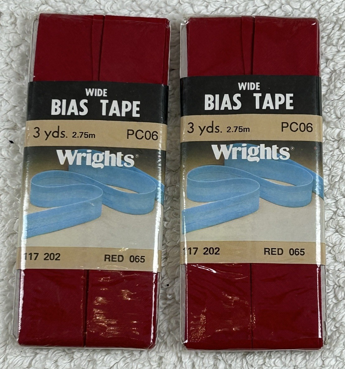 NOS 2 Pkgs VTG 1986 Wrights Poly/Cotton Wide Bias Tape RED 065 117 202- 3 Yds Ea NOS 2 Pkgs VTG 1986 Wrights Poly/Cotton Wide Bias Tape RED 065 117 202- 3 Yds Ea