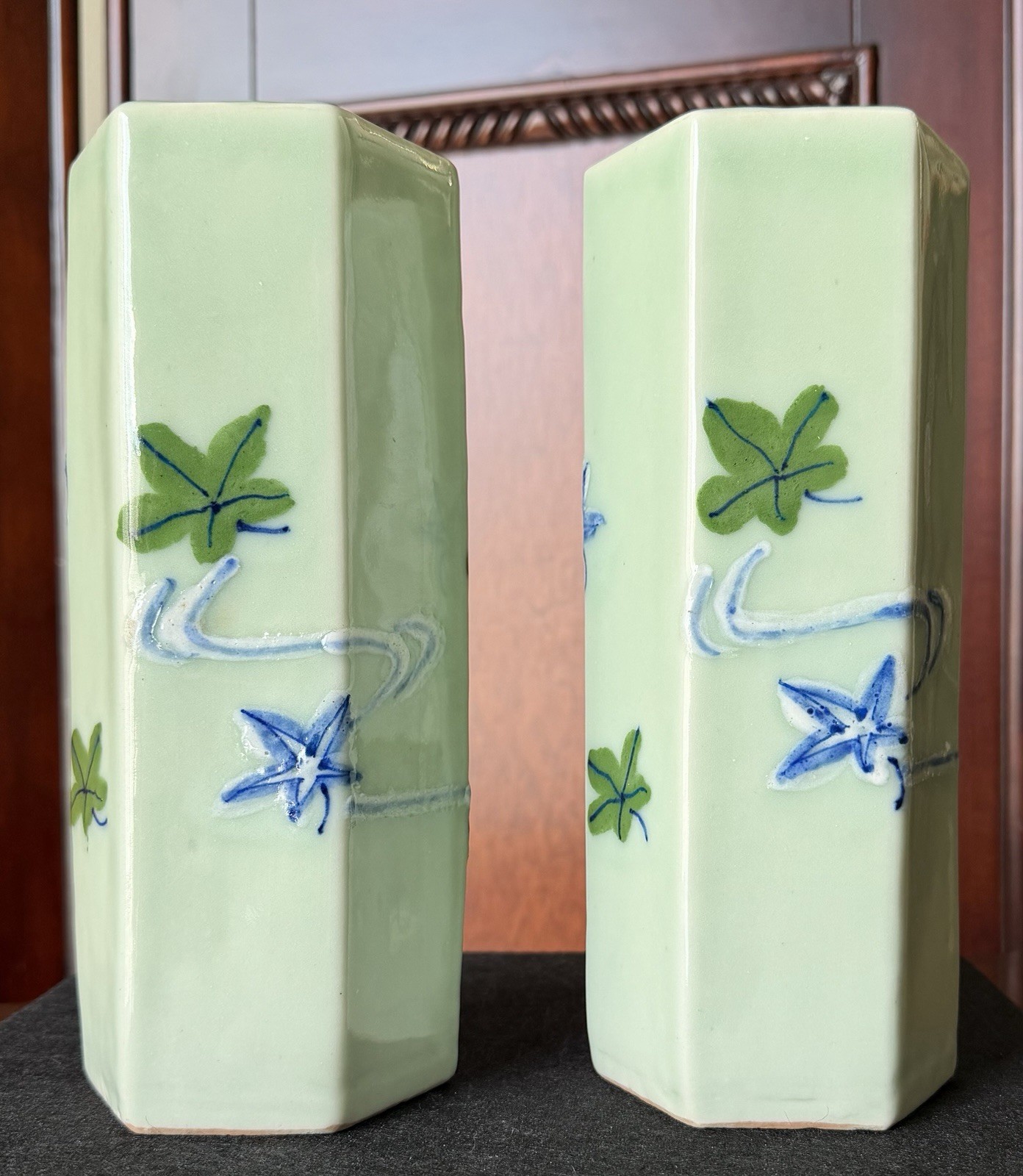 Pair Vintage Mid Century Celadon Green Ceramic Vases Hand Painted Floral 8 3/4” Pair Vintage Mid Century Celadon Green Ceramic Vases Hand Painted Floral 8 3/4”
