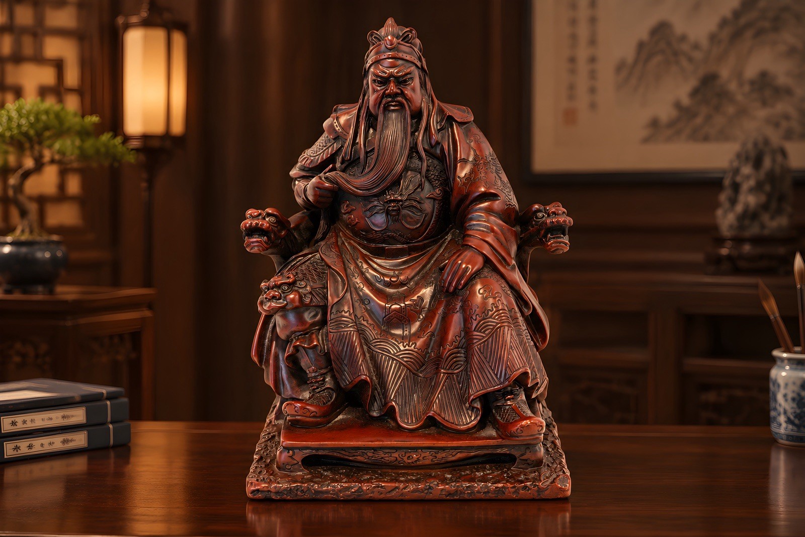 Vintage 1970s resin statue of General Guan Yu in a cinnabar and lacquer finish Vintage 1970s resin statue of General Guan Yu in a cinnabar and lacquer finish