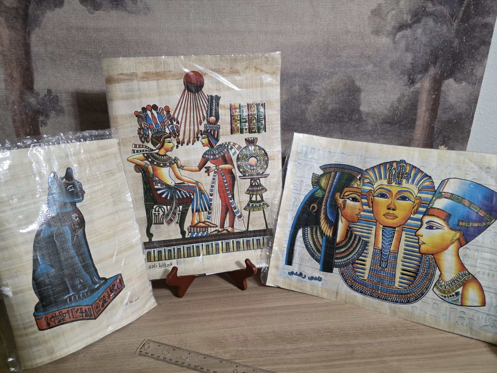 Lot of 3 Vintage Egyptian Papyrus Paintings - Bastet Cat, King Tut & Nefertiti Lot of 3 Vintage Egyptian Papyrus Paintings - Bastet Cat, King Tut & Nefertiti