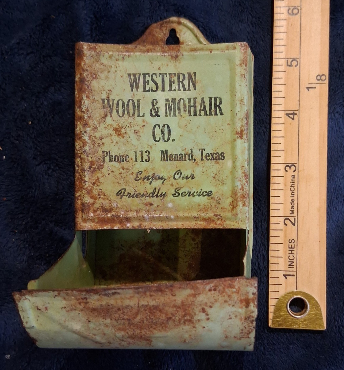Vtg Western Wool & Mohair Co Menard Texas Tin Match Safe Holder Wall Mount Vtg Western Wool & Mohair Co Menard Texas Tin Match Safe Holder Wall Mount