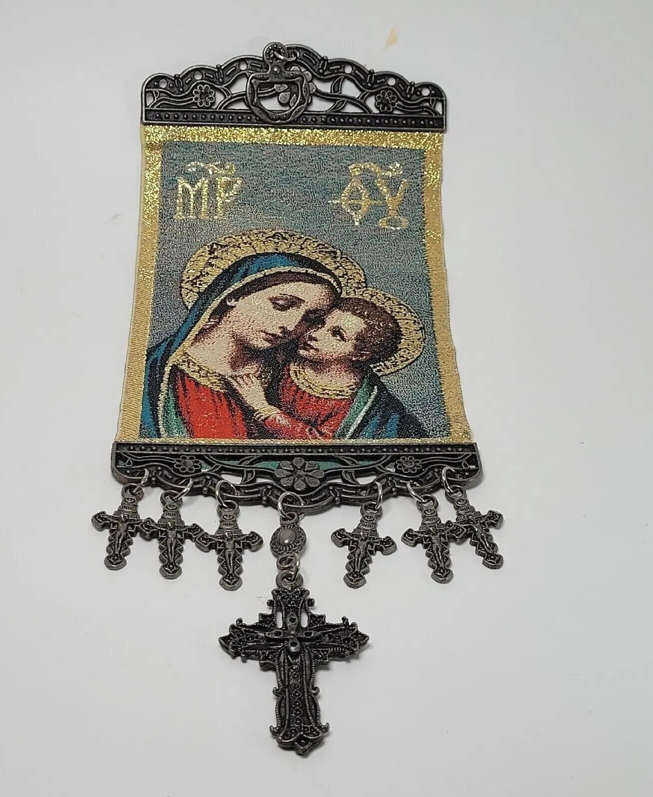 Madonna & Child Fabric Religious Banner/Wall Decor Metal Crosses Byzantine Look 
