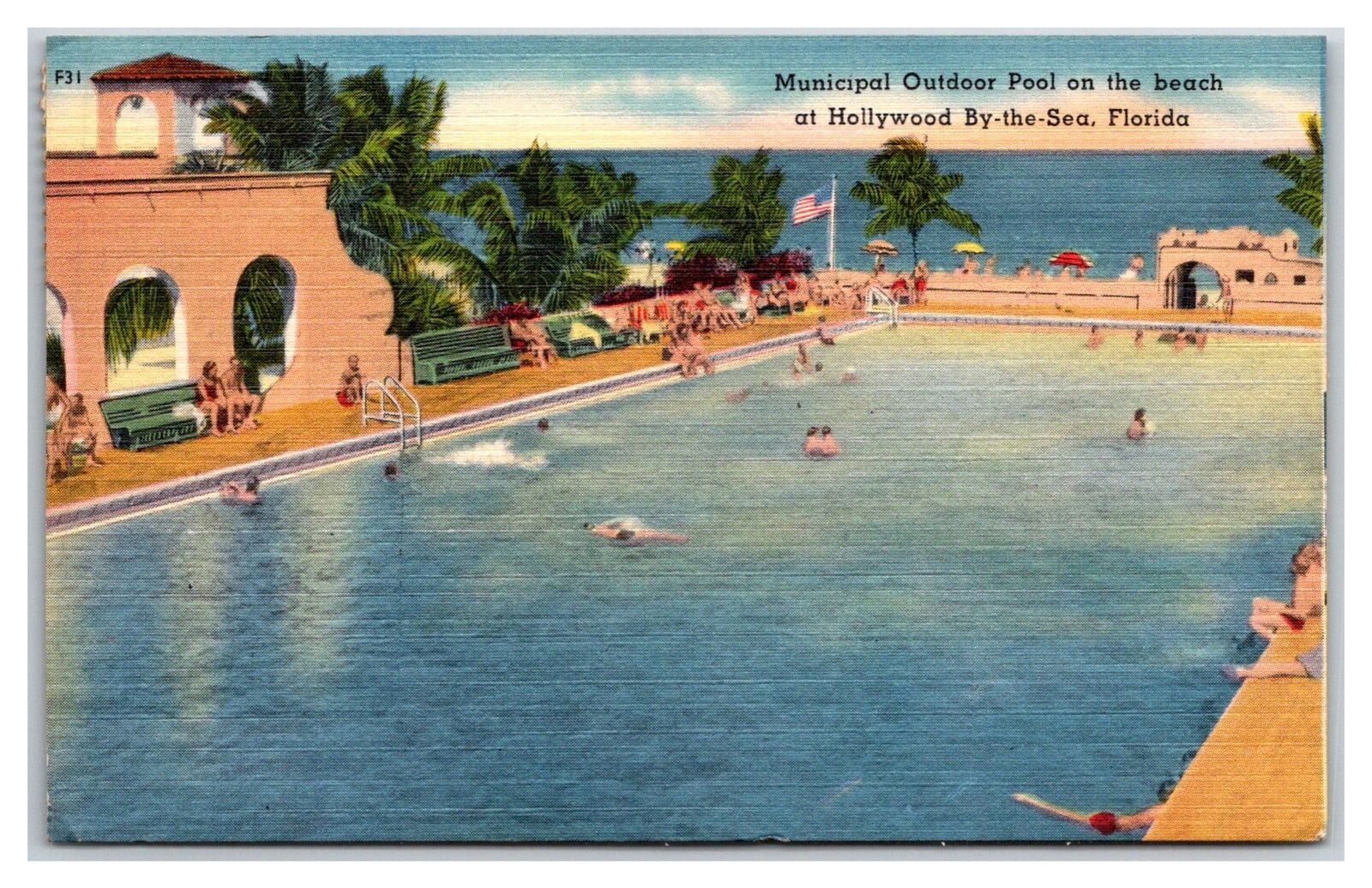 HOLLYWOOD-BY-THE-SEA Florida FL ~ MUNICIPAL OUTDOOR POOL~Beach ca1940's Postcard