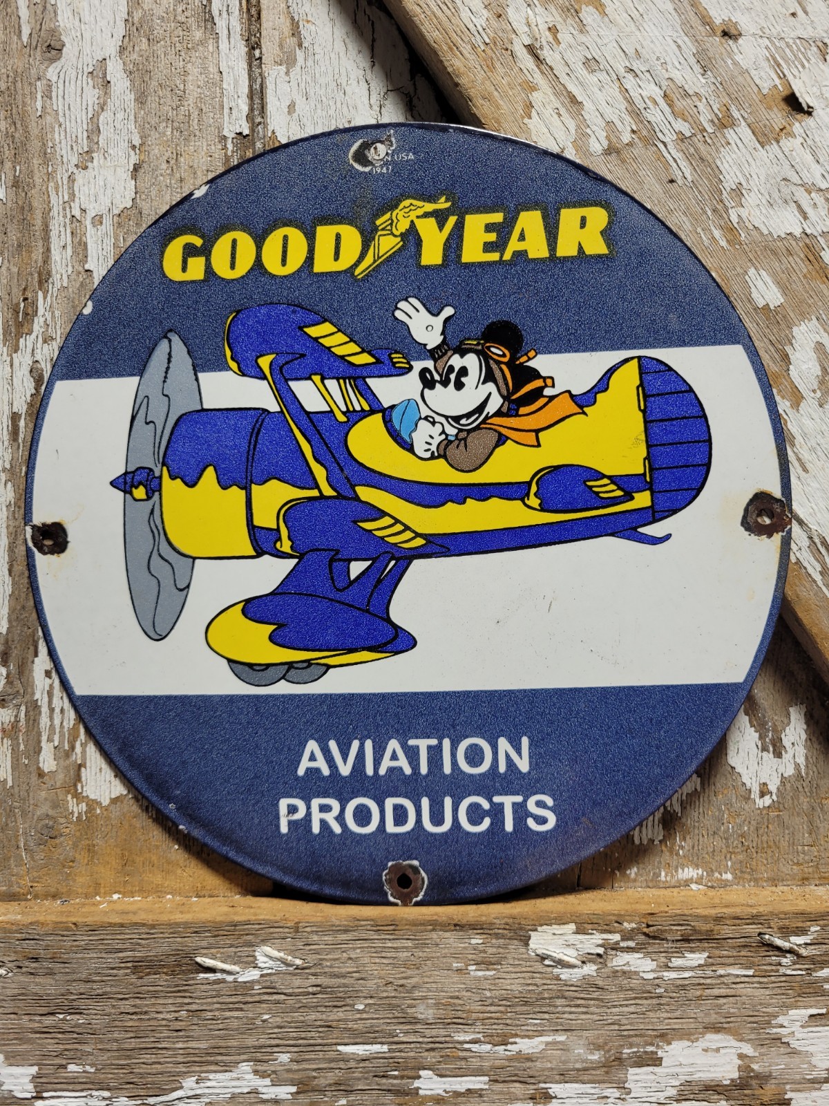 VINTAGE GOODYEAR PORCELAIN SIGN DISNEY MICKEY MOUSE CARTOON AVIATION PLANE TIRE