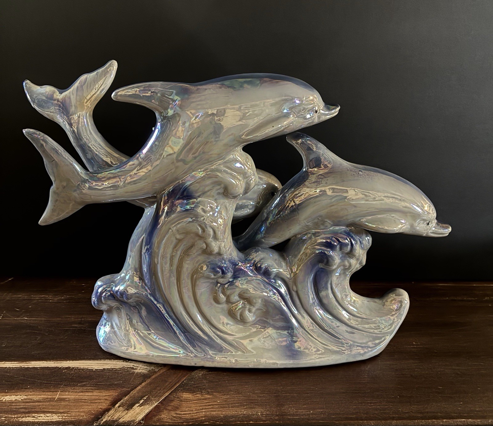 Vintage 1980s Iridescent Ceramic Dolphin Trio Figurine Ocean Wave Statue Large Vintage 1980s Iridescent Ceramic Dolphin Trio Figurine Ocean Wave Statue Large