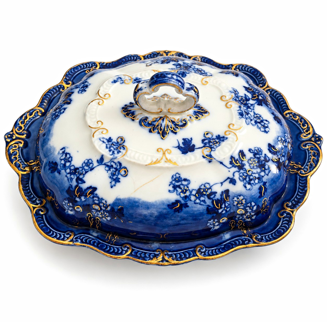 Antique Ridgways Lugano Flow Blue Covered Serving Dish Gold Trim England Antique Ridgways Lugano Flow Blue Covered Serving Dish Gold Trim England