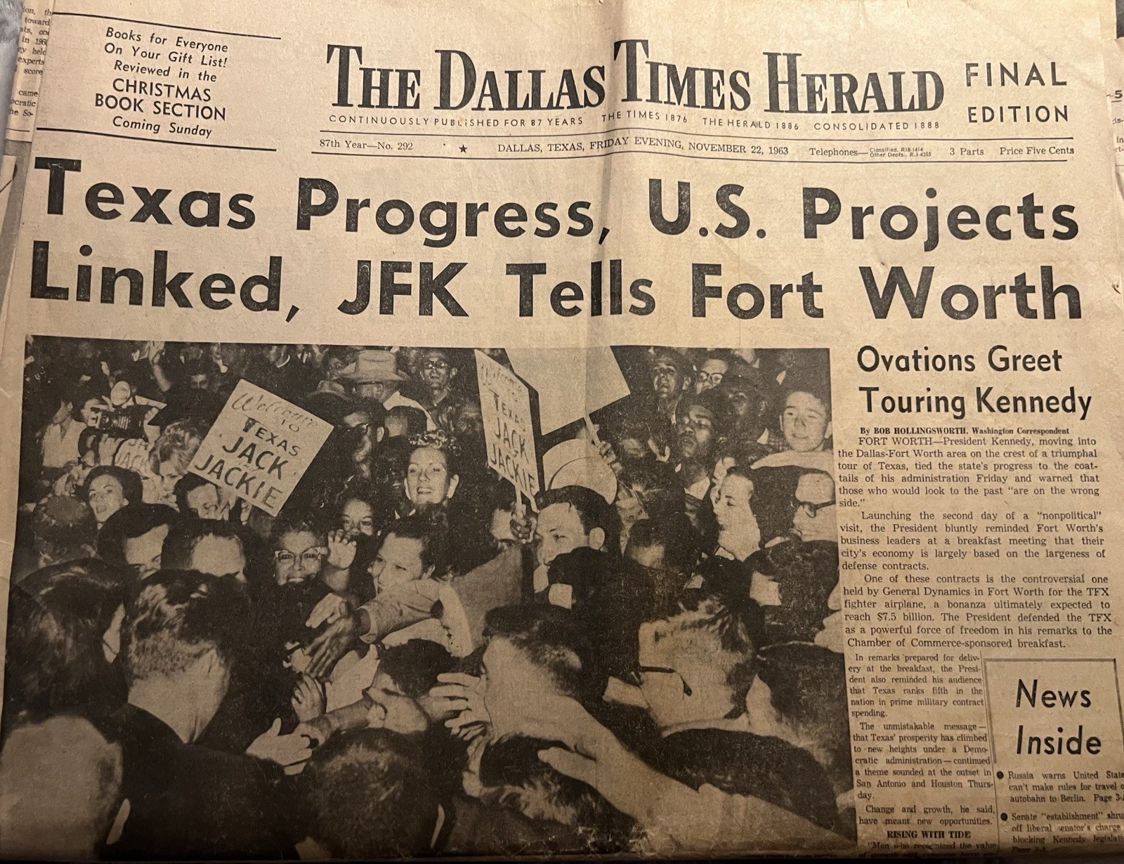 Early Edition Dallas Times Herald November 22 1963 Newspaper JFK Ft Worth RARE