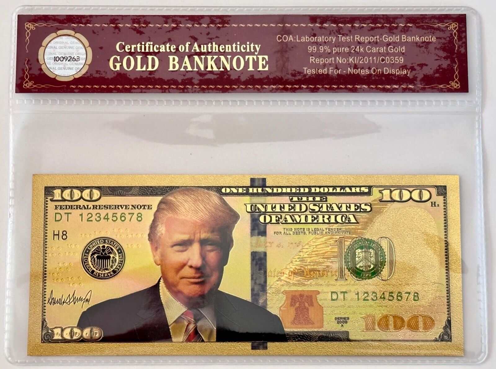 President Donald Trump.. $100 Dollar Bill.. 24K Gold 3D Overlay... With COA