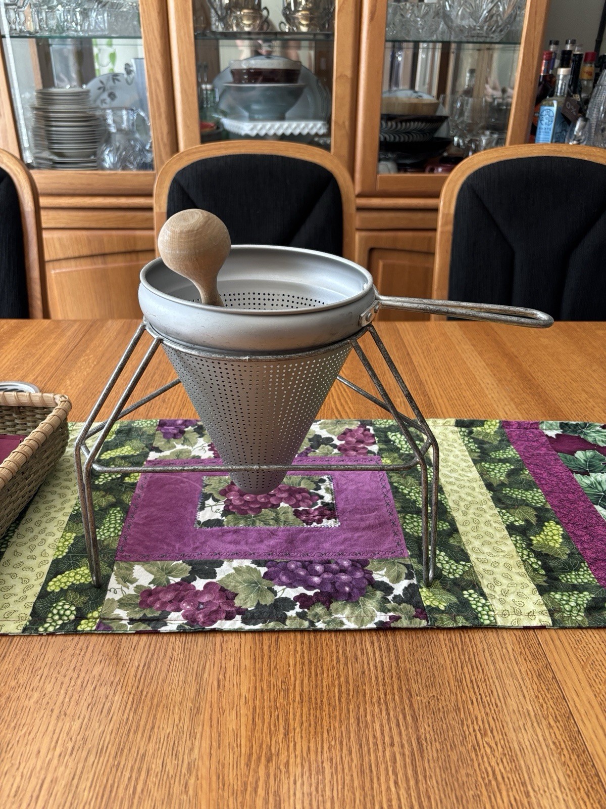Vintage Stainless Steel Cone Strainer with Stand and Wooden Pestle Vintage Stainless Steel Cone Strainer with Stand and Wooden Pestle