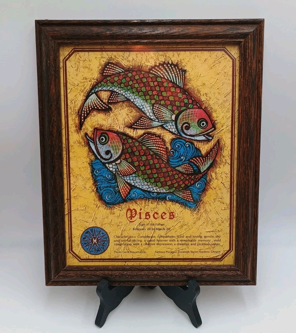 Vintage 1970’s Zodiac Pisces Print Framed Hanging Astrology Art In Wood Frame Vintage 1970’s Zodiac Pisces Print Framed Hanging Astrology Art In Wood Frame