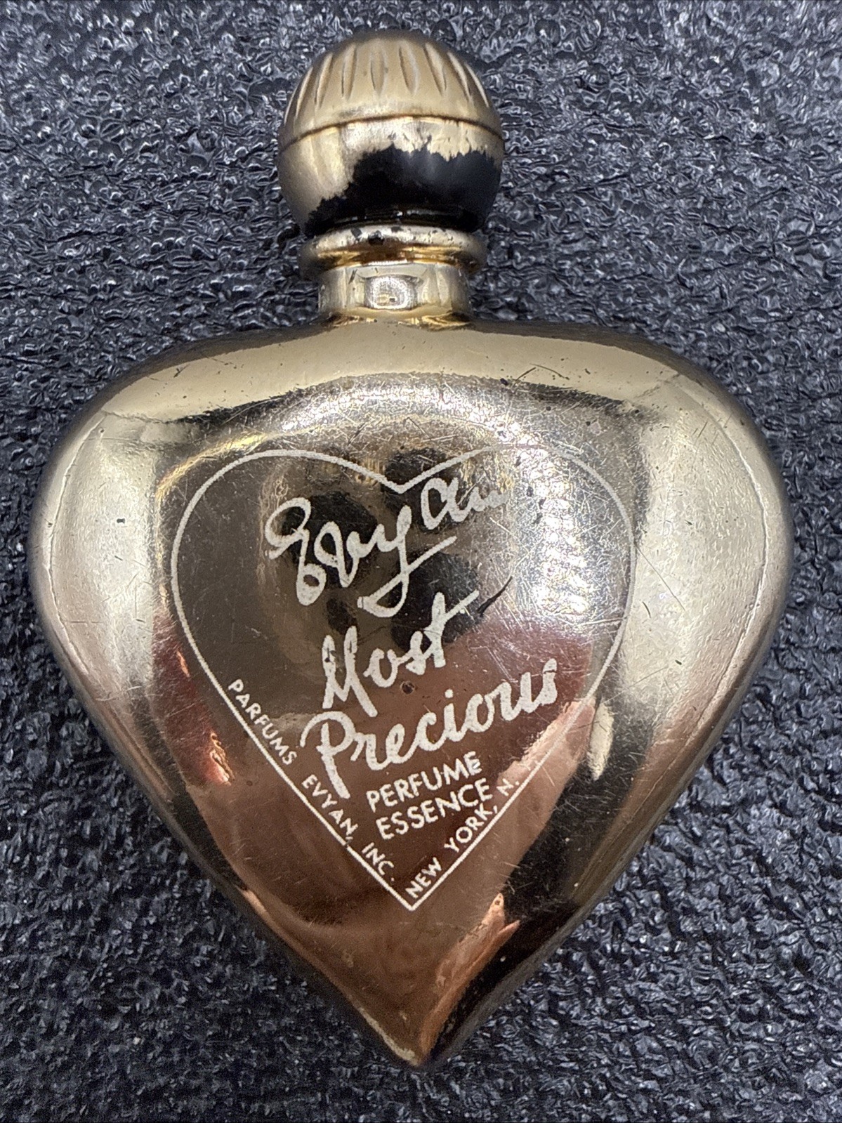 Vintage Evyan Most Precious Perfume Essence Gold Heart Shaped Glass Bottle READ Vintage Evyan Most Precious Perfume Essence Gold Heart Shaped Glass Bottle READ