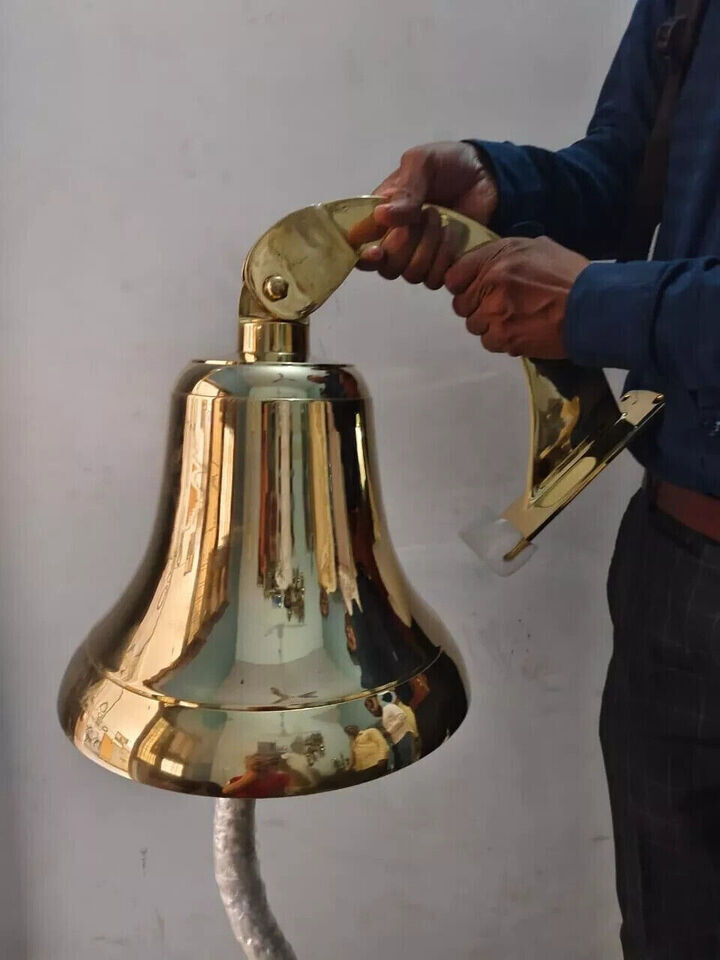 Nautical 18" Big Hanging Door Bell Antique Brass Ship With Wall Mounted Bracket