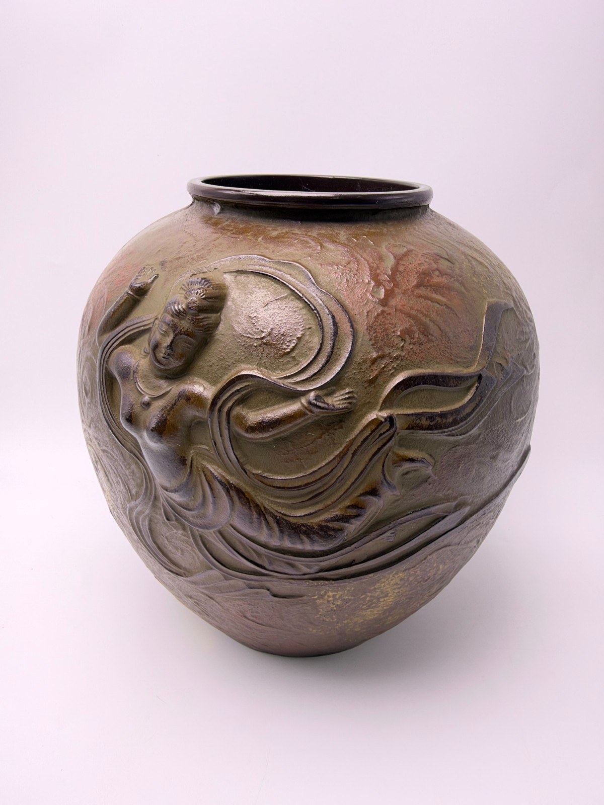 Vintage Japanese Art Metal Vase Lady Relief Floral Design Original Box Japan Vintage Japanese Art Metal Vase Lady Relief Floral Design Original Box Japan