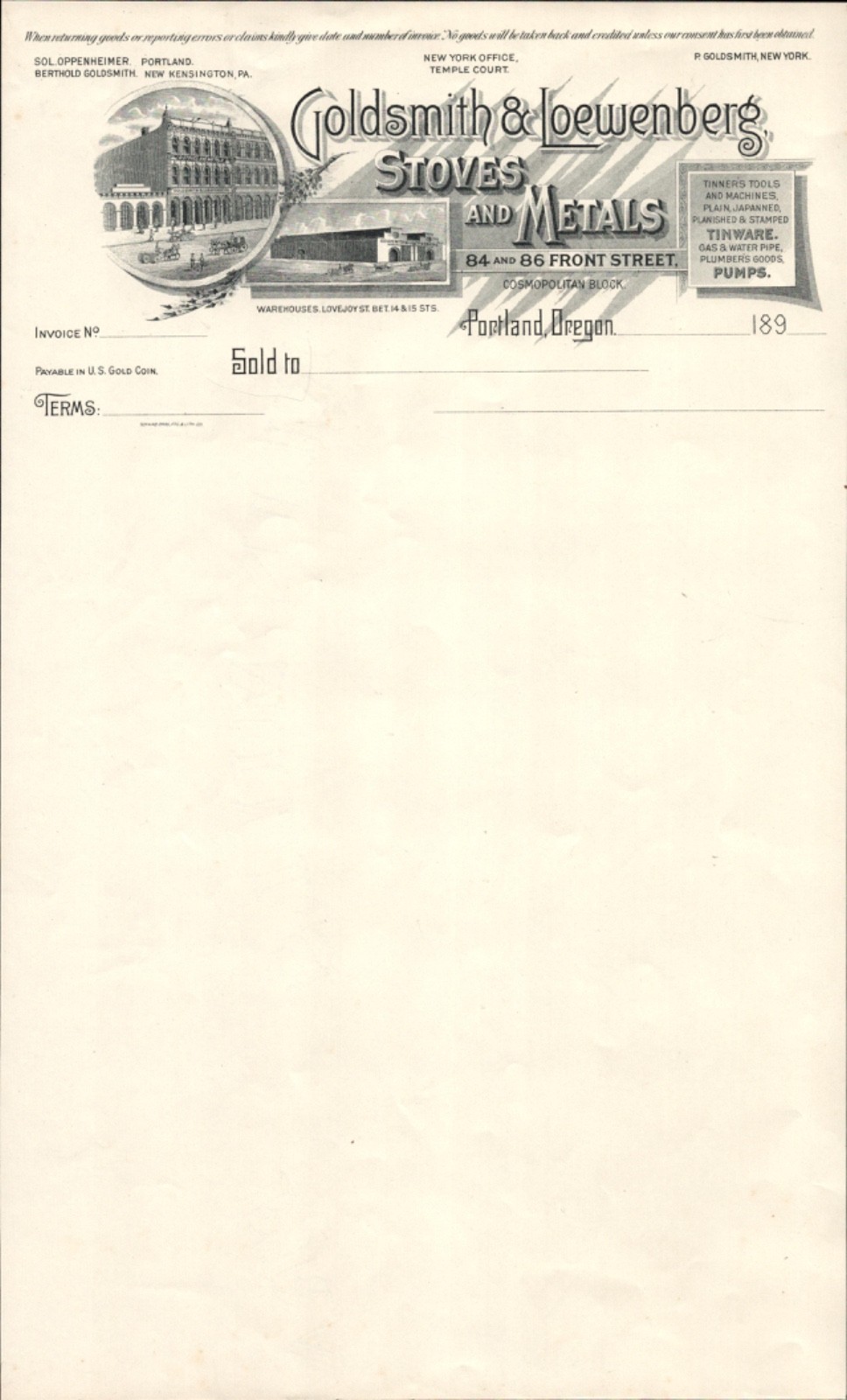 1890s GOLDSMITH & LOEWENBERG STOVES antique billhead stationery PORTLAND, OREGON 1890s GOLDSMITH & LOEWENBERG STOVES antique billhead stationery PORTLAND, OREGON