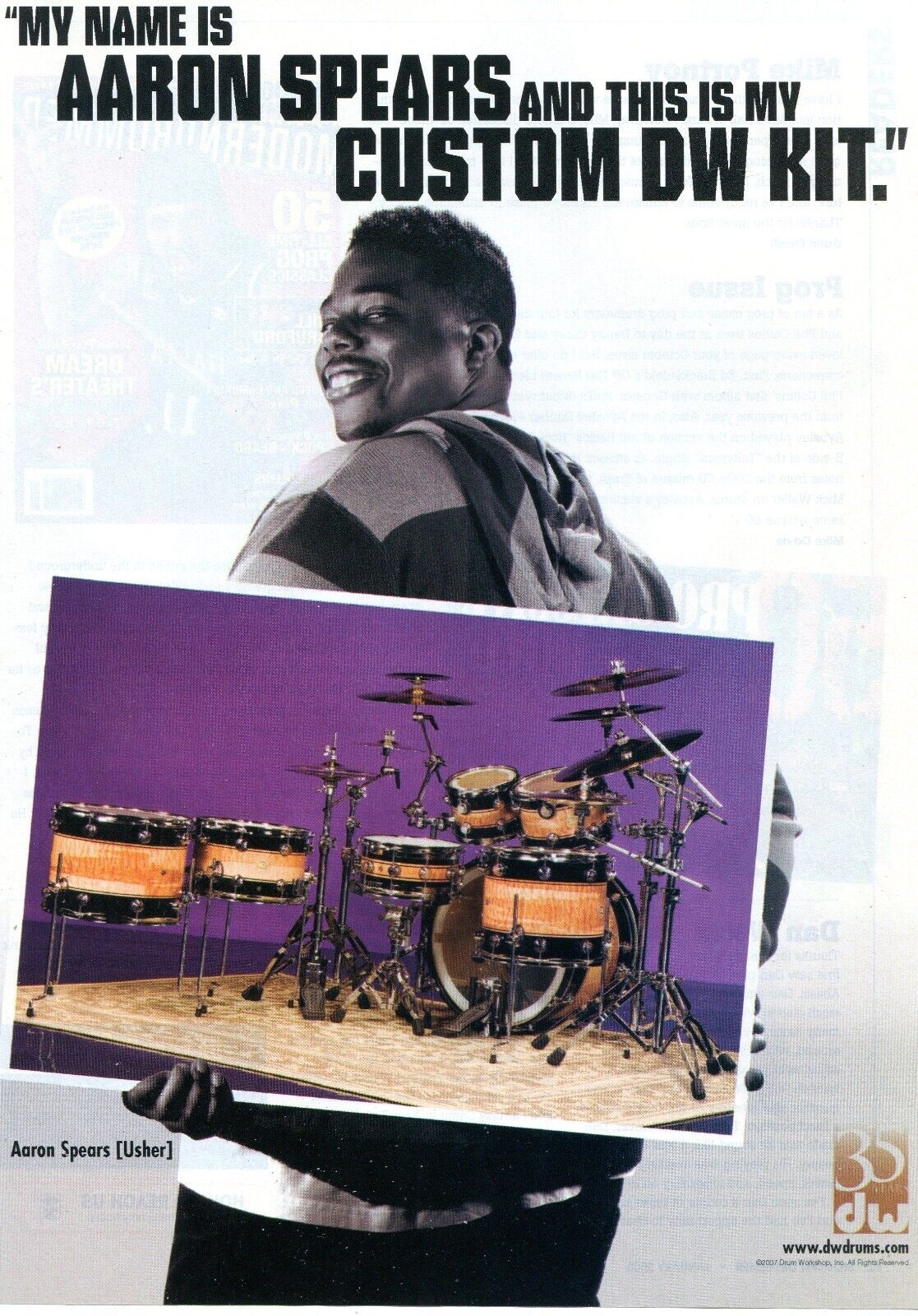 2008 Print Ad DW Drum Workshop Custom Kit w Aaron Spears of Usher