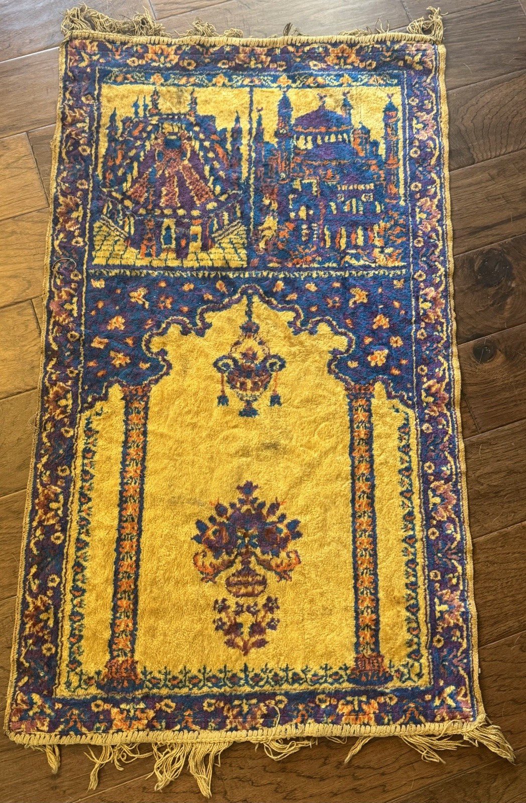 Vintage Hand-Knotted Islamic Prayer Rug Mecca And Medina Mosque Pictorial Wool Vintage Hand-Knotted Islamic Prayer Rug Mecca And Medina Mosque Pictorial Wool