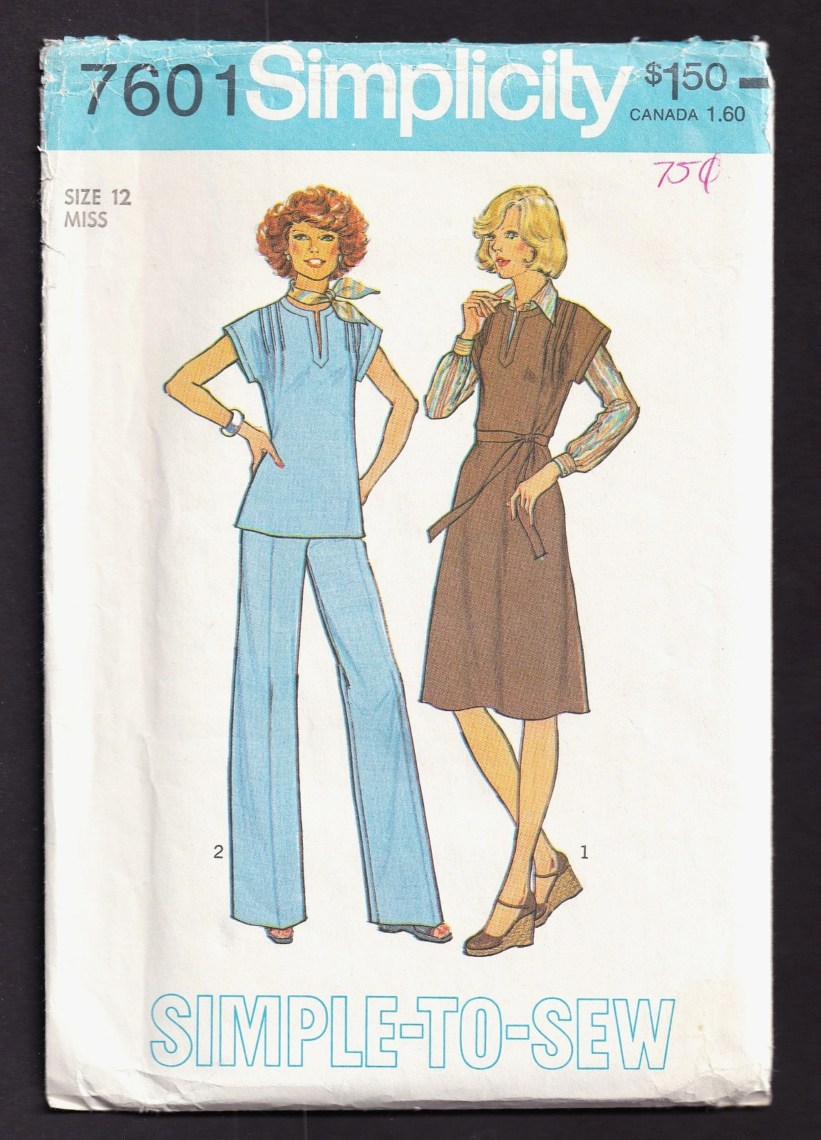 Simplicity 7601 Pullover Dress Jumper Top Pants Sz 12 Simple 1976 Pattern UNCUT Simplicity 7601 Pullover Dress Jumper Top Pants Sz 12 Simple 1976 Pattern UNCUT