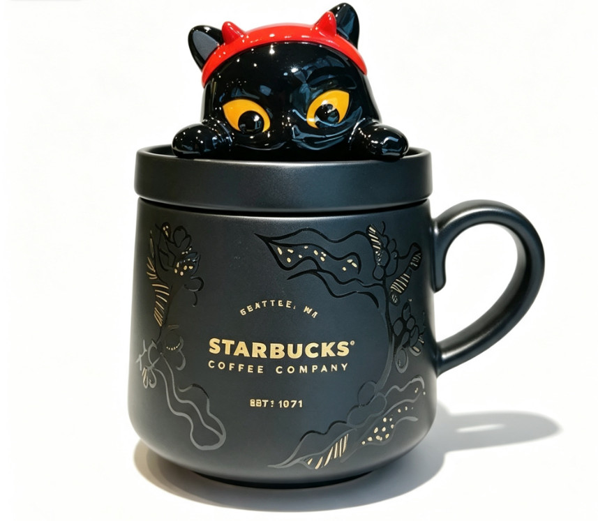 Starbucks 13 OZ Black Ceramic Coffee Mug W/ Black Cat Lid—Happy Halloween Gift Starbucks 13 OZ Black Ceramic Coffee Mug W/ Black Cat Lid—Happy Halloween Gift