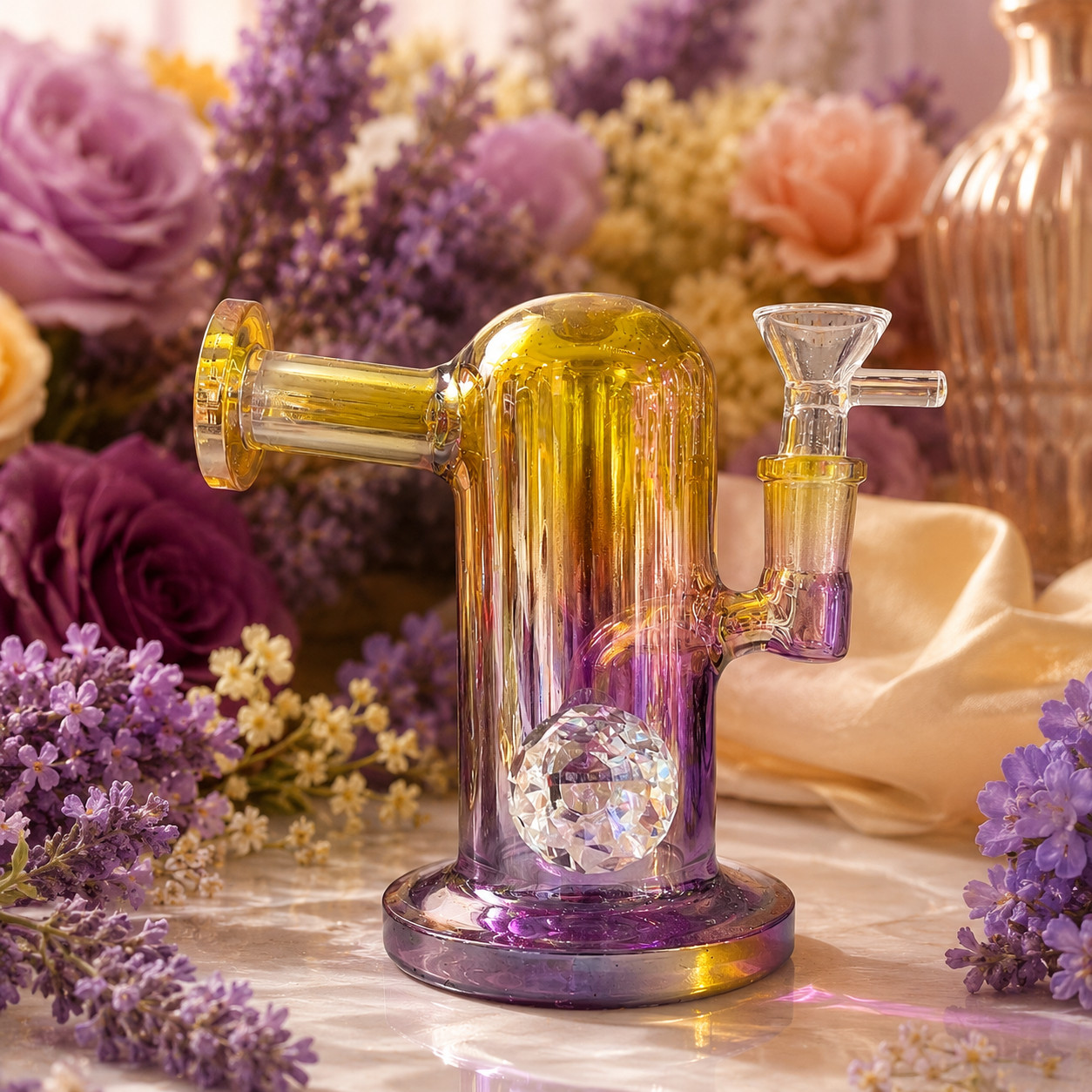 Princess Chrome Gold Purple Glass Bong with Diamond Centerpiece – 7.5 Inch Princess Chrome Gold Purple Glass Bong with Diamond Centerpiece – 7.5 Inch