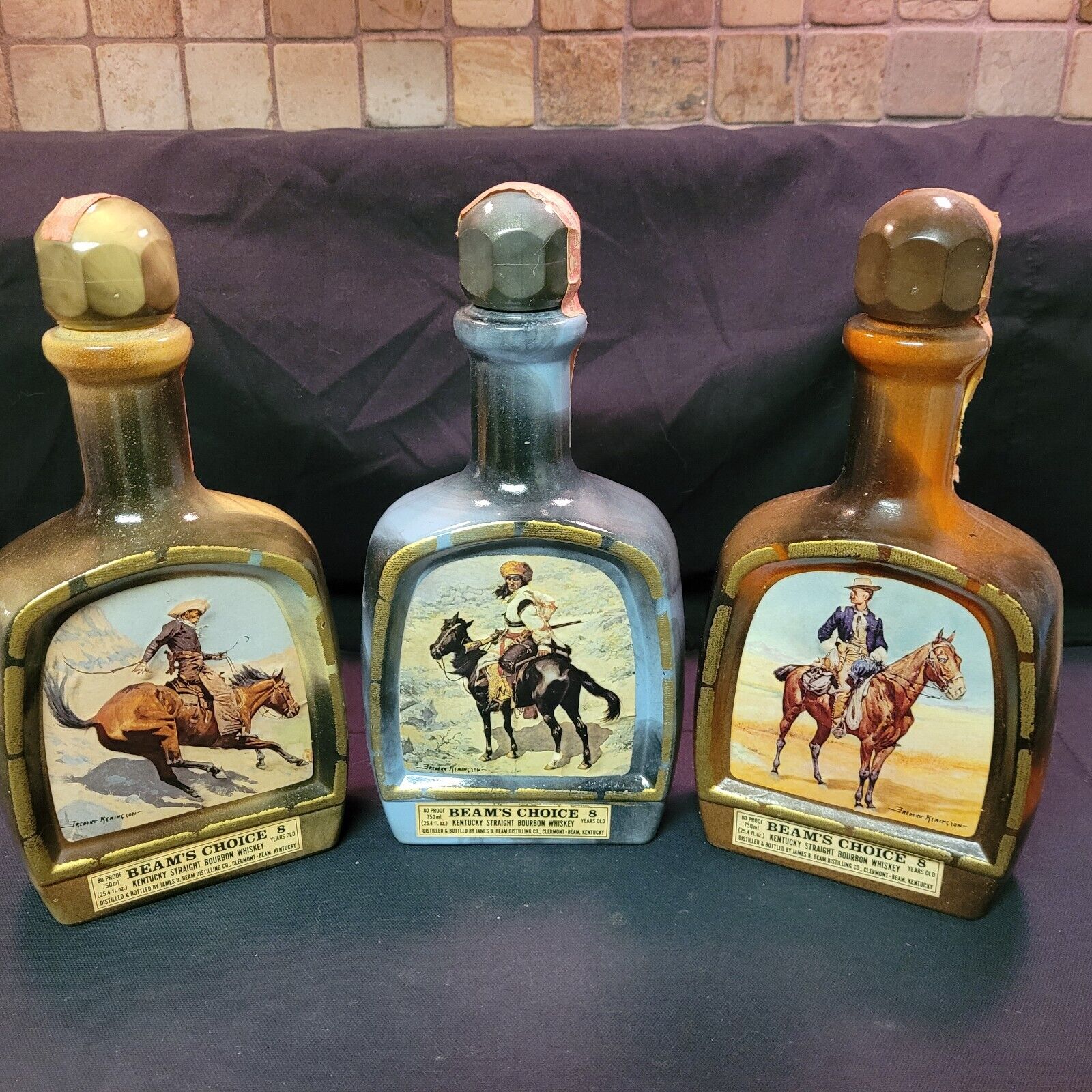 Set of 3 Vintage Jim Beam Whiskey Decanter Bottles -  Artist Frederic Remington