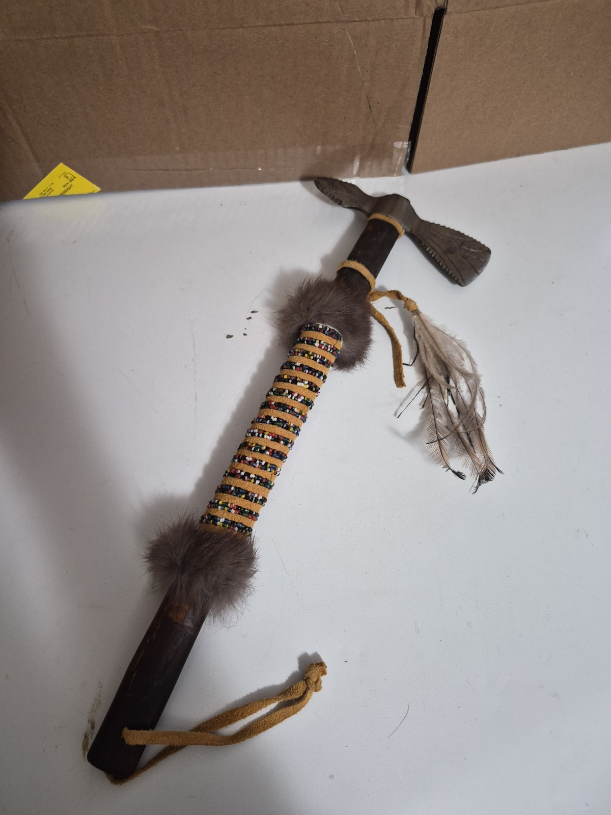 Vintage Native American Style Tomahawk Hatchet - Fur, Feather & beaded