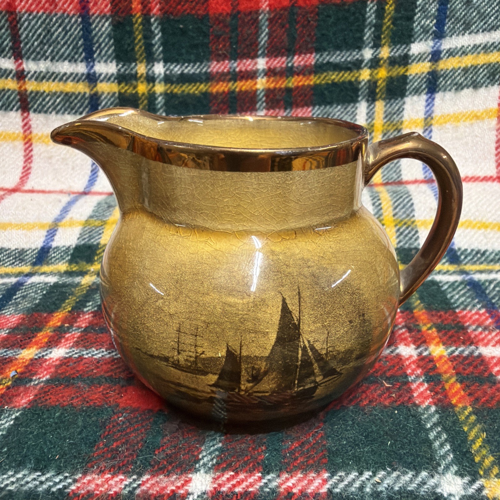 Antique Ridgways England Yellow Small Jug Pitcher w/ Ships Scene 1900-1920 3.5” Antique Ridgways England Yellow Small Jug Pitcher w/ Ships Scene 1900-1920 3.5”