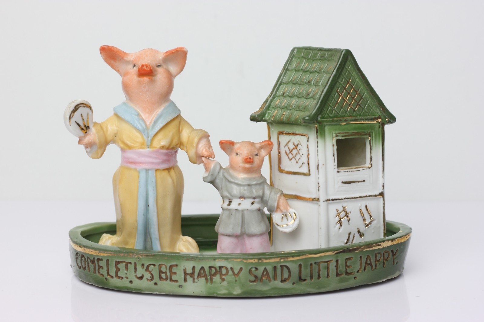 Antique German Pink Pig Porcelain Mother and Child in Japanese Clothing Antique German Pink Pig Porcelain Mother and Child in Japanese Clothing